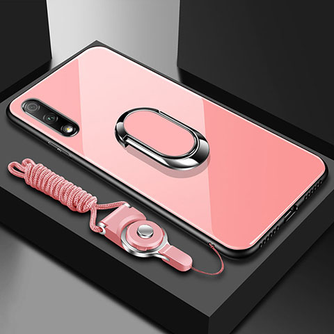 Coque Rebord Contour Silicone et Vitre Miroir Housse Etui avec Support Bague Anneau Magnetique pour Huawei Enjoy 10 Rose