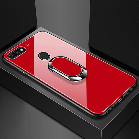 Coque Rebord Contour Silicone et Vitre Miroir Housse Etui avec Support Bague Anneau Magnetique pour Huawei Honor 7A Rouge