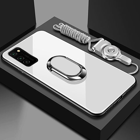 Coque Rebord Contour Silicone et Vitre Miroir Housse Etui avec Support Bague Anneau Magnetique pour Huawei Honor V30 5G Blanc
