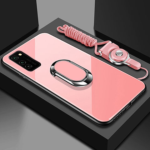 Coque Rebord Contour Silicone et Vitre Miroir Housse Etui avec Support Bague Anneau Magnetique pour Huawei Honor V30 5G Or Rose