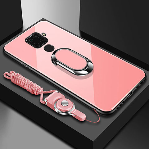 Coque Rebord Contour Silicone et Vitre Miroir Housse Etui avec Support Bague Anneau Magnetique pour Huawei Nova 5i Pro Rose