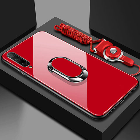 Coque Rebord Contour Silicone et Vitre Miroir Housse Etui avec Support Bague Anneau Magnetique pour Huawei P Smart Pro (2019) Rouge