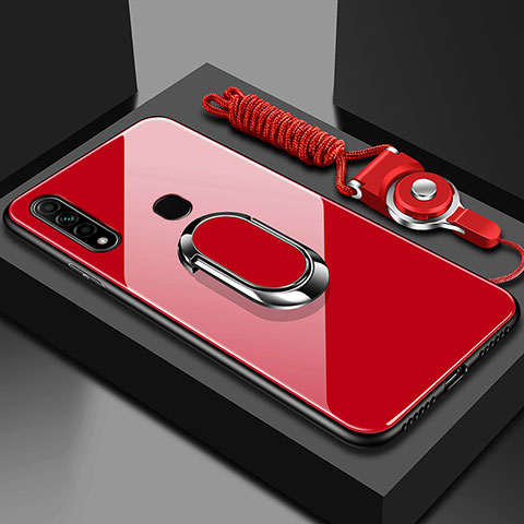 Coque Rebord Contour Silicone et Vitre Miroir Housse Etui avec Support Bague Anneau Magnetique pour Oppo A31 Rouge