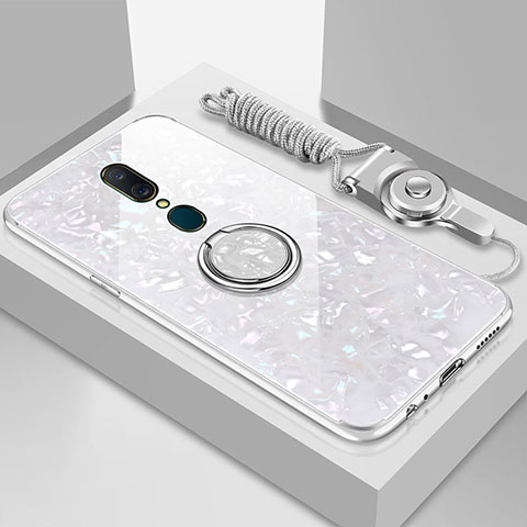 Coque Rebord Contour Silicone et Vitre Miroir Housse Etui avec Support Bague Anneau Magnetique pour Oppo A9 Blanc