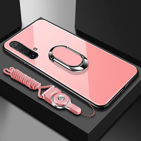 Coque Rebord Contour Silicone et Vitre Miroir Housse Etui avec Support Bague Anneau Magnetique pour Realme X50m 5G Rose