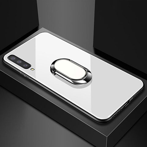 Coque Rebord Contour Silicone et Vitre Miroir Housse Etui avec Support Bague Anneau Magnetique pour Samsung Galaxy A70S Blanc