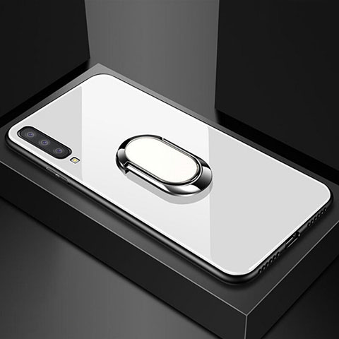 Coque Rebord Contour Silicone et Vitre Miroir Housse Etui avec Support Bague Anneau Magnetique pour Samsung Galaxy A90 5G Blanc