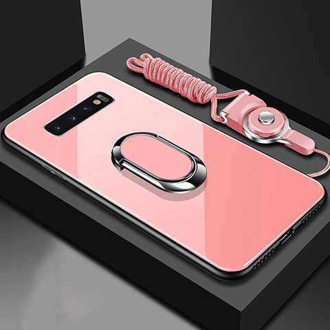 Coque Rebord Contour Silicone et Vitre Miroir Housse Etui avec Support Bague Anneau Magnetique pour Samsung Galaxy S10 Or Rose