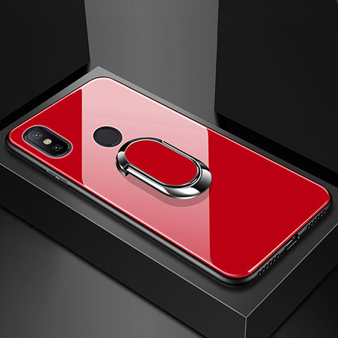 Coque Rebord Contour Silicone et Vitre Miroir Housse Etui avec Support Bague Anneau Magnetique pour Xiaomi Mi Max 3 Rouge