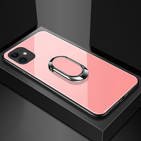 Coque Rebord Contour Silicone et Vitre Miroir Housse Etui avec Support Bague Anneau Magnetique T01 pour Apple iPhone 11 Rose