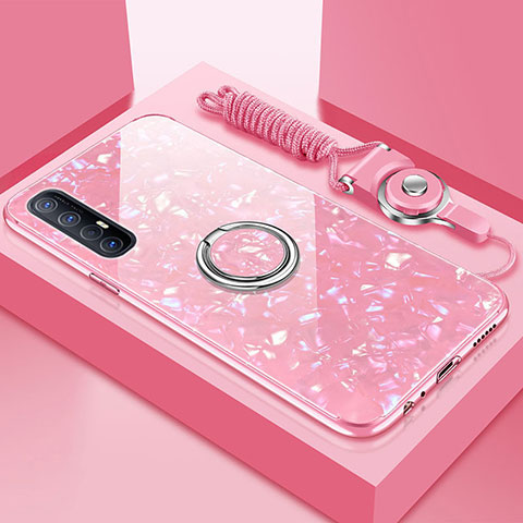 Coque Rebord Contour Silicone et Vitre Miroir Housse Etui avec Support Bague Anneau Magnetique T01 pour Oppo Reno3 Pro Rose