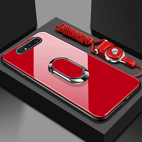 Coque Rebord Contour Silicone et Vitre Miroir Housse Etui avec Support Bague Anneau Magnetique T01 pour Samsung Galaxy A90 4G Rouge