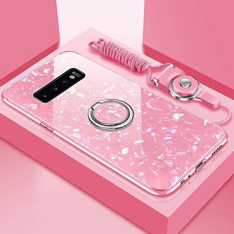 Coque Rebord Contour Silicone et Vitre Miroir Housse Etui avec Support Bague Anneau Magnetique T01 pour Samsung Galaxy S10 5G Rose