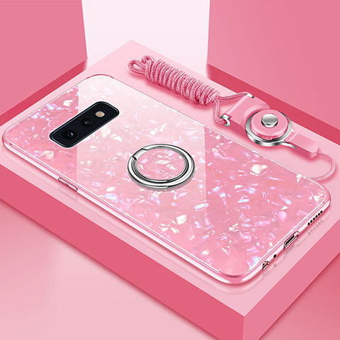 Coque Rebord Contour Silicone et Vitre Miroir Housse Etui avec Support Bague Anneau Magnetique T01 pour Samsung Galaxy S10e Rose