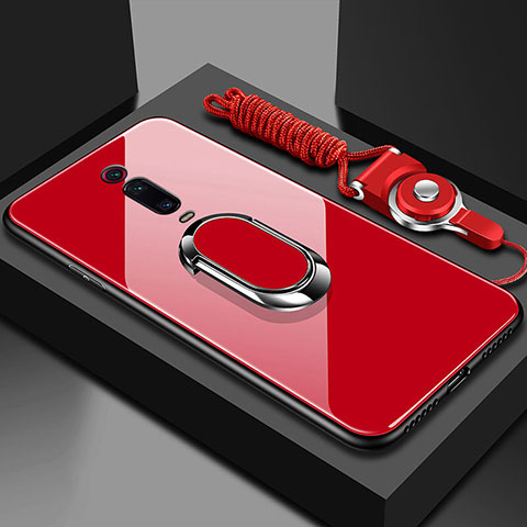 Coque Rebord Contour Silicone et Vitre Miroir Housse Etui avec Support Bague Anneau Magnetique T01 pour Xiaomi Redmi K20 Pro Rouge