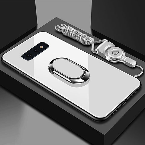 Coque Rebord Contour Silicone et Vitre Miroir Housse Etui avec Support Bague Anneau Magnetique T02 pour Samsung Galaxy S10e Blanc