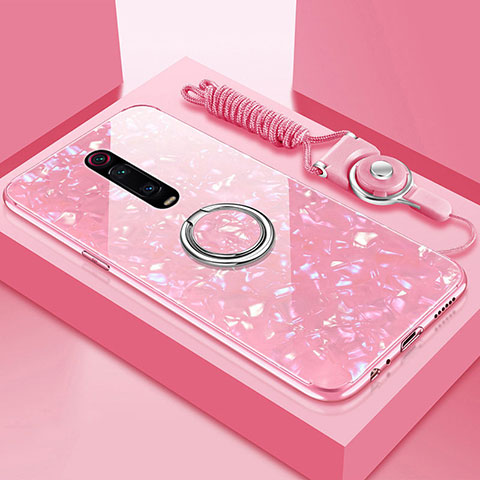 Coque Rebord Contour Silicone et Vitre Miroir Housse Etui avec Support Bague Anneau Magnetique T02 pour Xiaomi Redmi K20 Rose