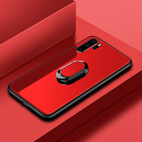 Coque Rebord Contour Silicone et Vitre Miroir Housse Etui avec Support Bague Anneau pour Huawei P30 Pro New Edition Rouge