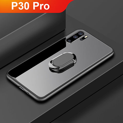 Coque Rebord Contour Silicone et Vitre Miroir Housse Etui avec Support Bague Anneau pour Huawei P30 Pro Noir