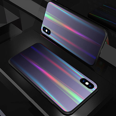 Coque Rebord Contour Silicone et Vitre Miroir Housse Etui Degrade Arc en Ciel A01 pour Apple iPhone X Noir