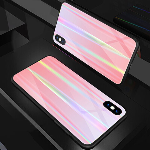 Coque Rebord Contour Silicone et Vitre Miroir Housse Etui Degrade Arc en Ciel A01 pour Apple iPhone X Or Rose