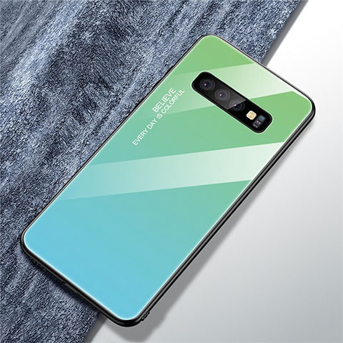 Coque Rebord Contour Silicone et Vitre Miroir Housse Etui Degrade Arc en Ciel A01 pour Samsung Galaxy S10 Plus Cyan