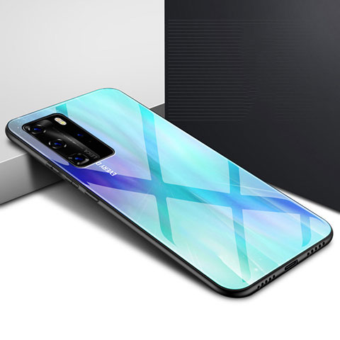 Coque Rebord Contour Silicone et Vitre Miroir Housse Etui Degrade Arc en Ciel H01 pour Huawei P40 Pro Cyan