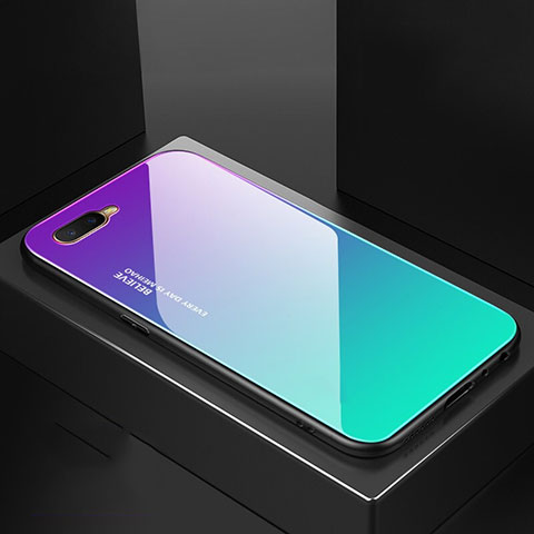 Coque Rebord Contour Silicone et Vitre Miroir Housse Etui Degrade Arc en Ciel H01 pour Oppo R15X Cyan