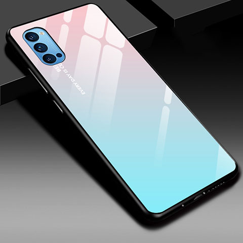 Coque Rebord Contour Silicone et Vitre Miroir Housse Etui Degrade Arc en Ciel H01 pour Oppo Reno4 Pro 5G Bleu Ciel