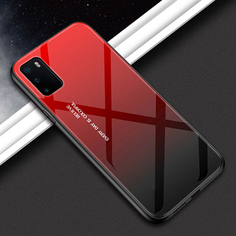 Coque Rebord Contour Silicone et Vitre Miroir Housse Etui Degrade Arc en Ciel H02 pour Huawei Honor View 30 5G Rouge