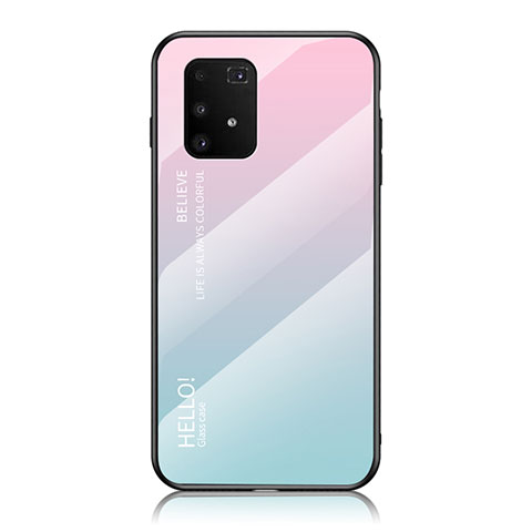 Coque Rebord Contour Silicone et Vitre Miroir Housse Etui Degrade Arc en Ciel LS1 pour Samsung Galaxy A91 Cyan