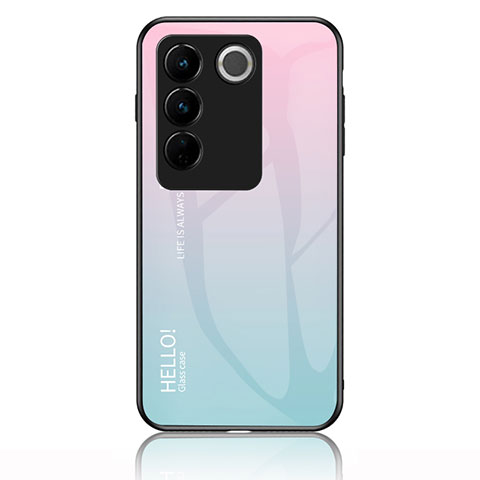 Coque Rebord Contour Silicone et Vitre Miroir Housse Etui Degrade Arc en Ciel LS1 pour Vivo V27 Pro 5G Cyan