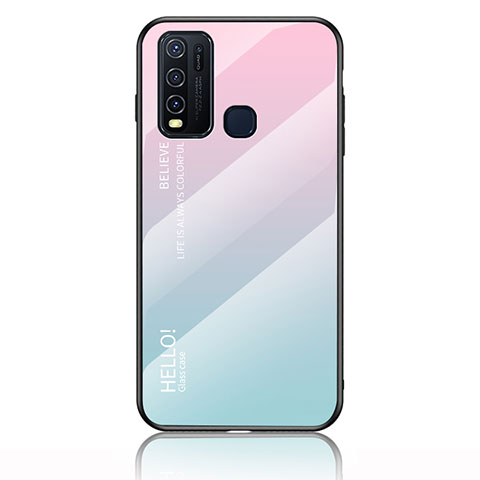 Coque Rebord Contour Silicone et Vitre Miroir Housse Etui Degrade Arc en Ciel LS1 pour Vivo Y50 Cyan