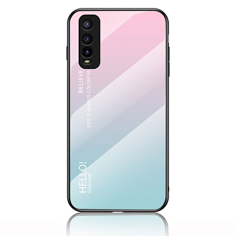 Coque Rebord Contour Silicone et Vitre Miroir Housse Etui Degrade Arc en Ciel LS1 pour Vivo Y50t Cyan