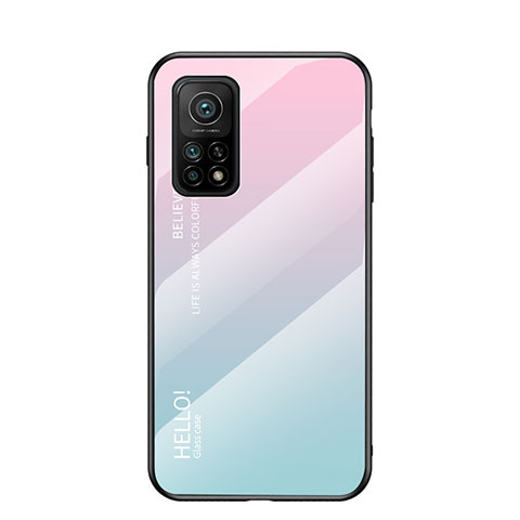 Coque Rebord Contour Silicone et Vitre Miroir Housse Etui Degrade Arc en Ciel LS1 pour Xiaomi Mi 10T 5G Cyan