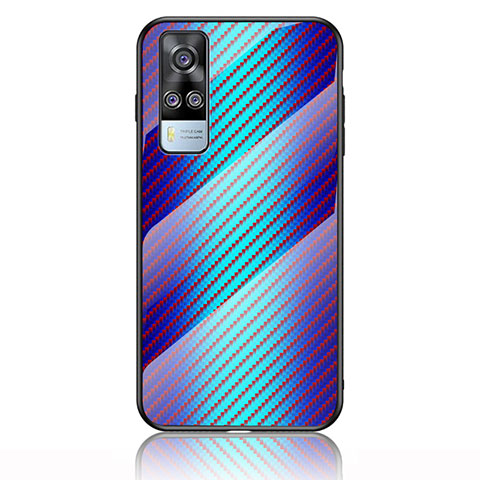 Coque Rebord Contour Silicone et Vitre Miroir Housse Etui Degrade Arc en Ciel LS2 pour Vivo Y53s 4G Bleu