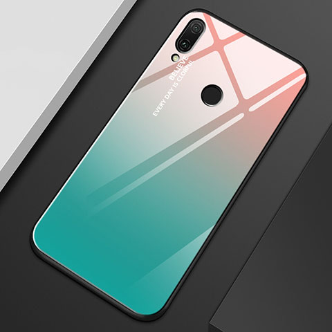 Coque Rebord Contour Silicone et Vitre Miroir Housse Etui Degrade Arc en Ciel M01 pour Huawei Y9 (2019) Bleu Ciel