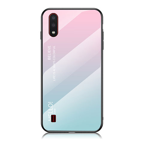 Coque Rebord Contour Silicone et Vitre Miroir Housse Etui Degrade Arc en Ciel M01 pour Samsung Galaxy A01 SM-A015 Cyan