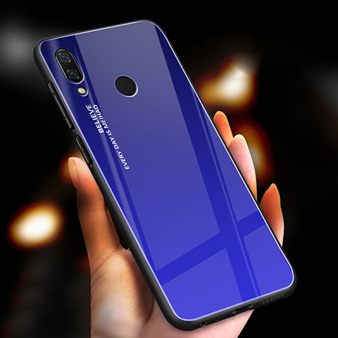 Coque Rebord Contour Silicone et Vitre Miroir Housse Etui Degrade Arc en Ciel M01 pour Xiaomi Redmi Note 7 Pro Bleu