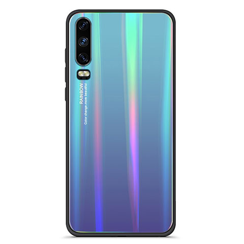 Coque Rebord Contour Silicone et Vitre Miroir Housse Etui Degrade Arc en Ciel M02 pour Huawei P30 Bleu