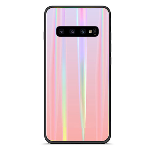 Coque Rebord Contour Silicone et Vitre Miroir Housse Etui Degrade Arc en Ciel M02 pour Samsung Galaxy S10 5G Or Rose