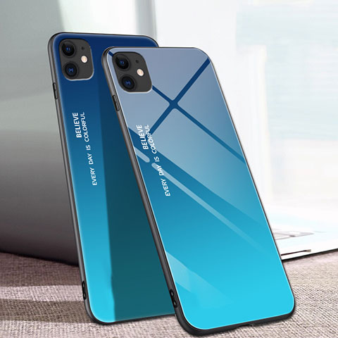 Coque Rebord Contour Silicone et Vitre Miroir Housse Etui Degrade Arc en Ciel pour Apple iPhone 11 Bleu