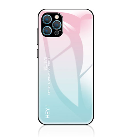 Coque Rebord Contour Silicone et Vitre Miroir Housse Etui Degrade Arc en Ciel pour Apple iPhone 14 Pro Cyan