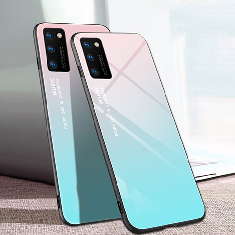 Coque Rebord Contour Silicone et Vitre Miroir Housse Etui Degrade Arc en Ciel pour Huawei Honor View 30 Pro 5G Cyan