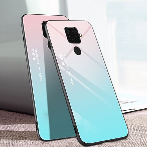 Coque Rebord Contour Silicone et Vitre Miroir Housse Etui Degrade Arc en Ciel pour Huawei Nova 5i Pro Cyan