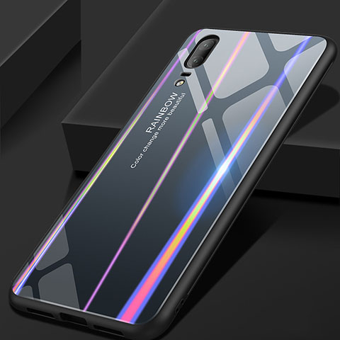 Coque Rebord Contour Silicone et Vitre Miroir Housse Etui Degrade Arc en Ciel pour Huawei P20 Gris