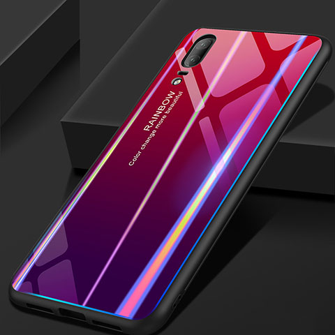 Coque Rebord Contour Silicone et Vitre Miroir Housse Etui Degrade Arc en Ciel pour Huawei P20 Rouge