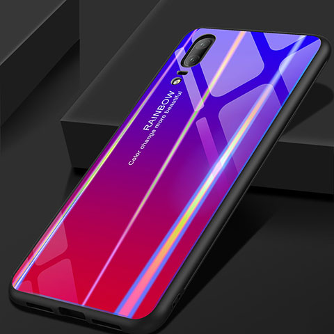 Coque Rebord Contour Silicone et Vitre Miroir Housse Etui Degrade Arc en Ciel pour Huawei P20 Violet