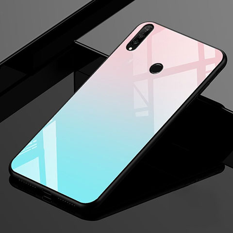 Coque Rebord Contour Silicone et Vitre Miroir Housse Etui Degrade Arc en Ciel pour Huawei P30 Lite XL Cyan