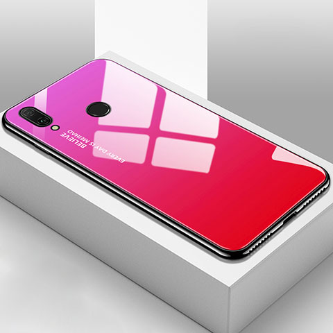 Coque Rebord Contour Silicone et Vitre Miroir Housse Etui Degrade Arc en Ciel pour Huawei Y9 (2019) Rose Rouge